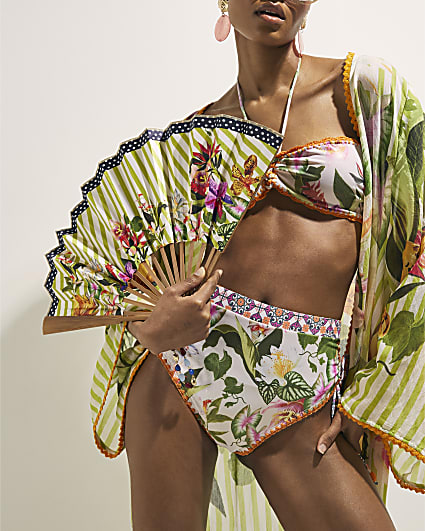 Green Floral Stripe Hand Fan