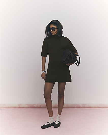 Brown High Neck Cosy Mini Dress