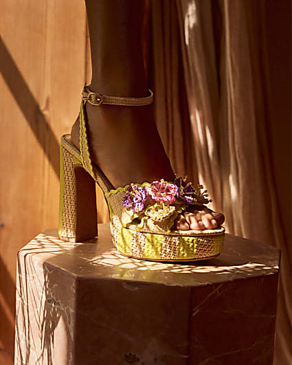 Yellow Stripe Raffia Flower Platform Sandals