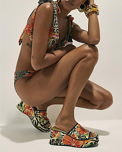 Orange Flower Print Mule Wedges