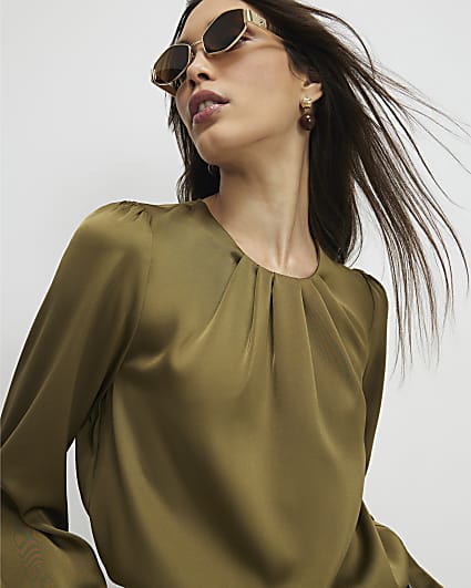 Khaki Pleat Front Blouse