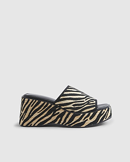 Black Raffia Zebra Print Mule Wedge Sandals