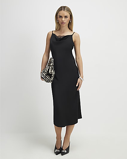 Petite Black Cowl Neck Lace Trim Midi Dress