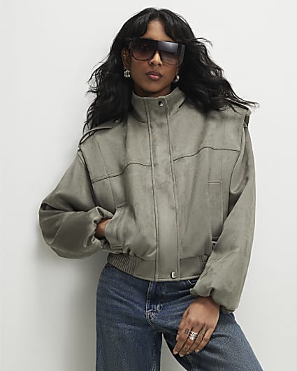 Khaki Faux Suede Shoulder Detail Jacket