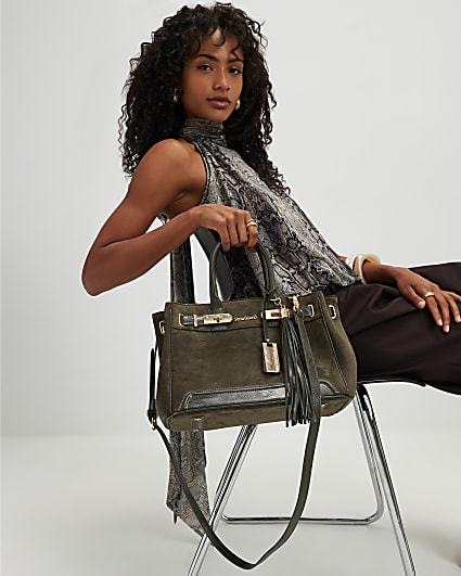 Green Faux Suede Lock Front Tote Bag