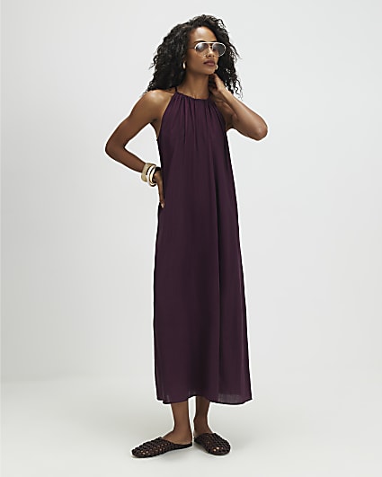 Red Textured Halter Neck Maxi Dress