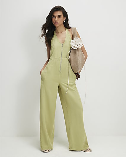 Green Halter Neck Denim Jumpsuit
