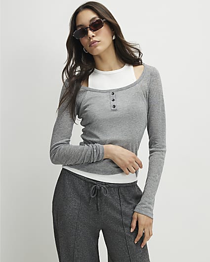 Grey Long Sleeve 2 in 1 Layered Top