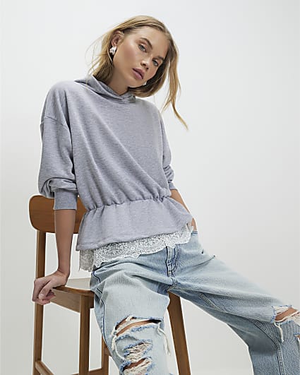 Grey Long Sleeve Lace Hem Hoodie