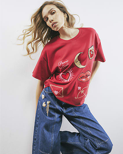 Red Short Sleeve Paris Graphic Print T-shirt