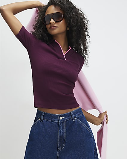 Purple Short Sleeve Ribbed Polo Top