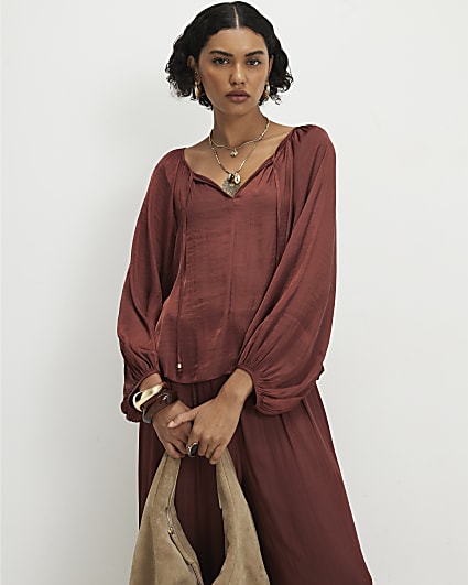 Brown Notch Neck Top