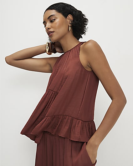Brown Satin Sleeveless Top