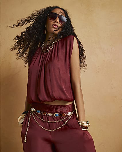 Brown Sleeveless Bubble Hem Top