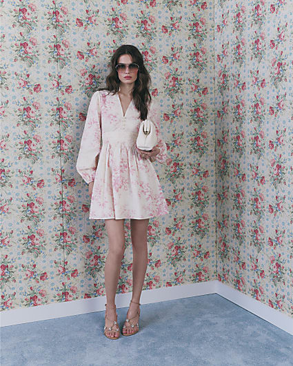 Cream Lace Trim Floral Mini Dress