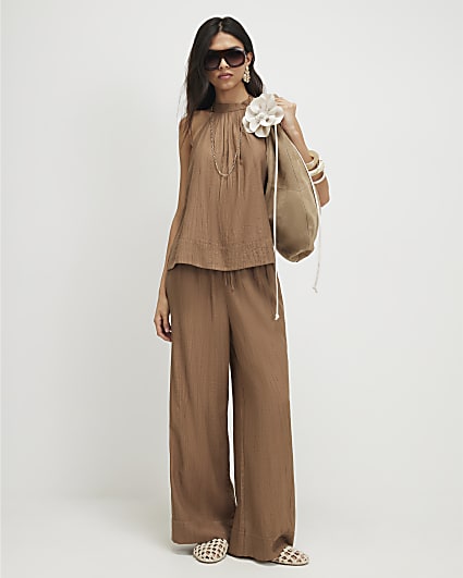 Beige Textured Wide Leg Trousers
