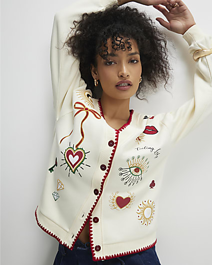 Cream Long Sleeve Embroidered Cardigan