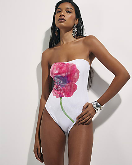 White Floral Sequin Swimsuit