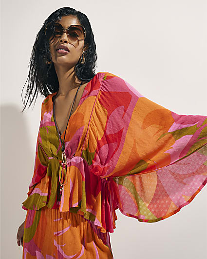 Pink Leaf Print Kaftan Top