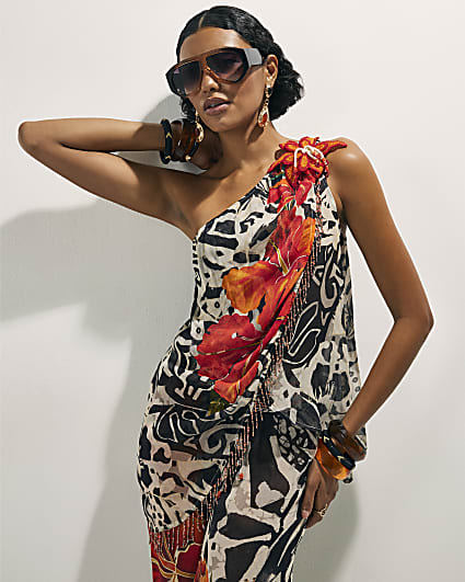 Black Asymmetric Crochet Flower Top