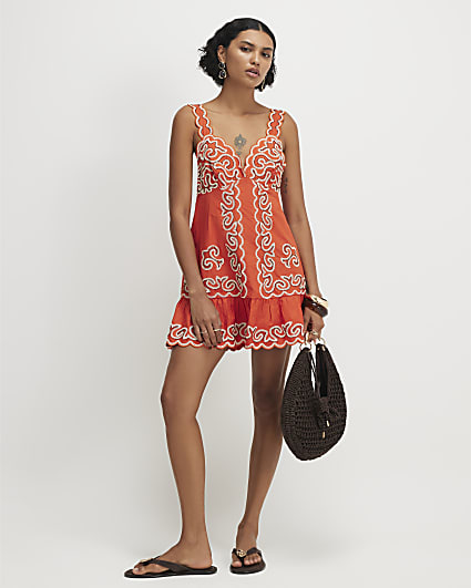 Orange Cotton Embroidered Beaded Mini Dress