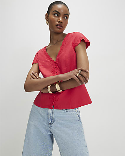 Pink Linen Lace Trim Top