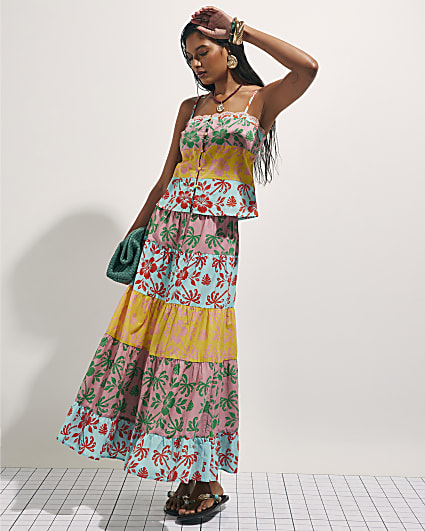 Pink Colour Block Floral Maxi Skirt