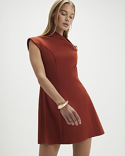 Brown Sleeveless Draped Neck Mini Dress