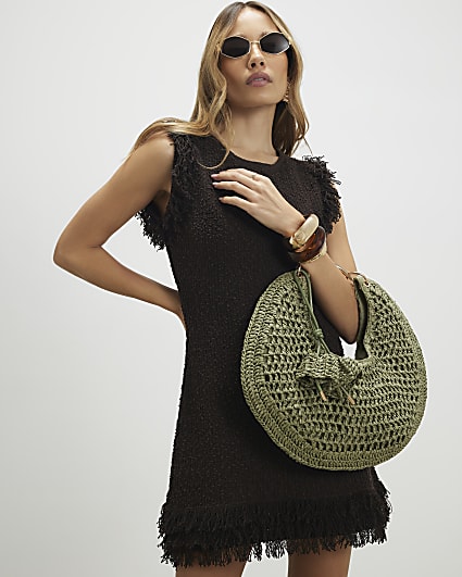 Green Raffia Metal Handle Scoop Bag
