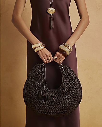 Brown Raffia Metal Handle Scoop Bag