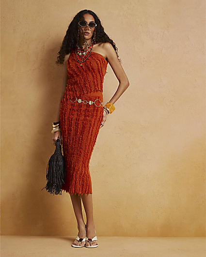 Orange Knitted Fringe Maxi Skirt