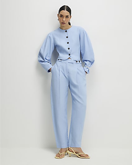 Blue Linen Blend Tailored Barrel Trousers