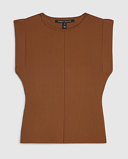 Petite Brown Fitted Knit Sleeveless Top