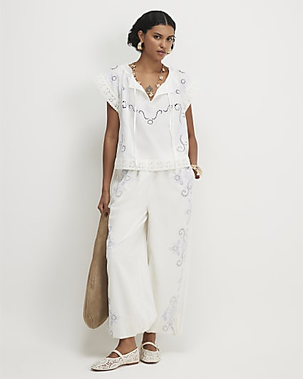 White Cutwork Balloon Leg Trousers