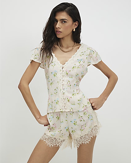 Cream Floral Short Sleeve Lace Trim Top