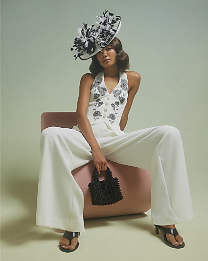 White Premium Halter Embroidered Jumpsuit