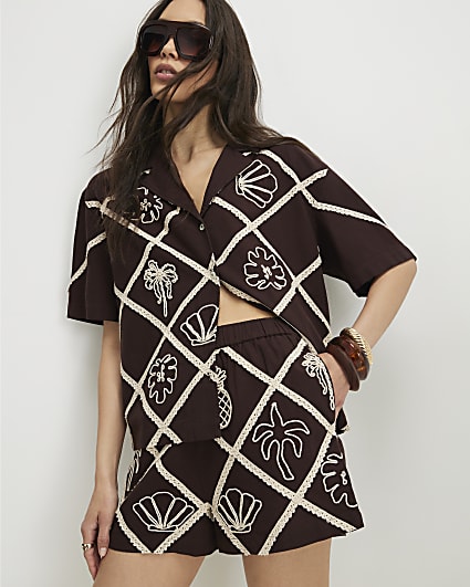 Brown Cotton Blend Embroidered Motif Shorts