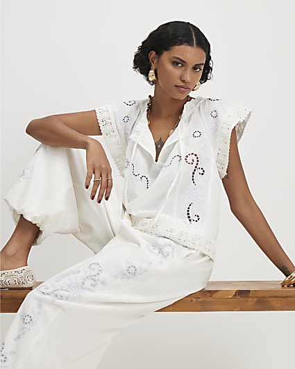 White Cotton blend Lace Trim Cutwork Blouse