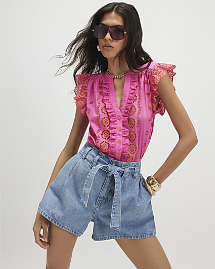 Pink Broderie Frill Sleeve Blouse