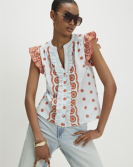 Blue Broderie Frill Sleeve Blouse