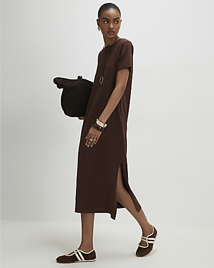 Brown Cotton T-Shirt Midi Dress