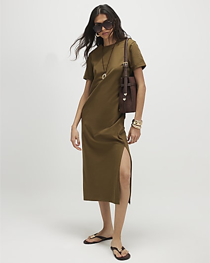 Khaki Cotton T-Shirt Midi Dress