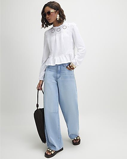 White Long Sleeve Floral Broderie Top