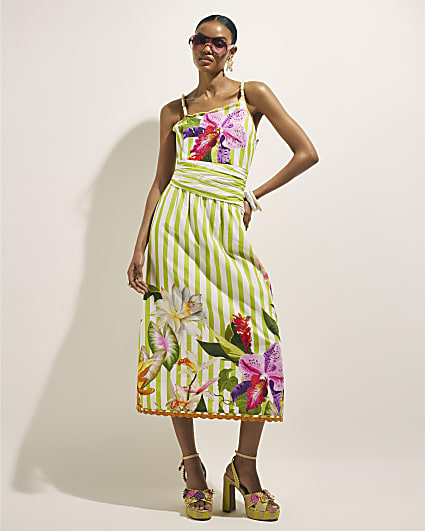 Green Striped Wrap Waist Beaded Midi Dress