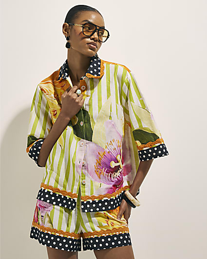 Green Stripe Floral Placed Shirt