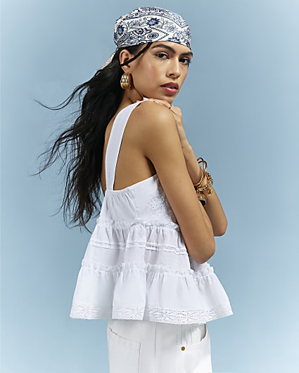 White Lace Pearl Detail Smock Cami Top