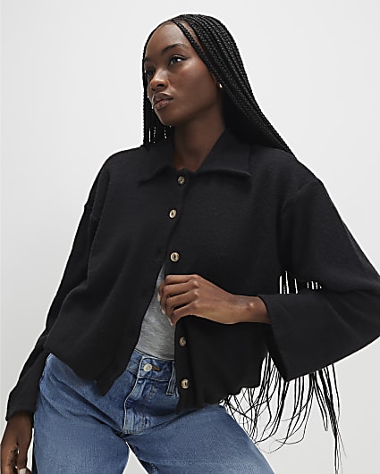 Black Long Sleeve Cosy Bubble Hem Cardigan