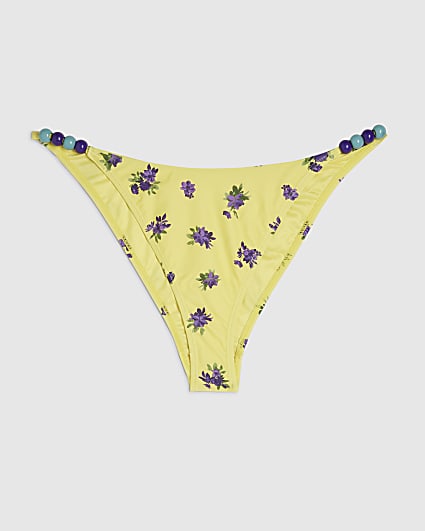 Yellow Floral Beaded Low Rise Bikini Bottoms