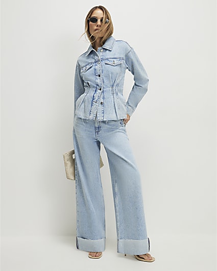 Blue Turn Up Hem Wide Leg Jeans