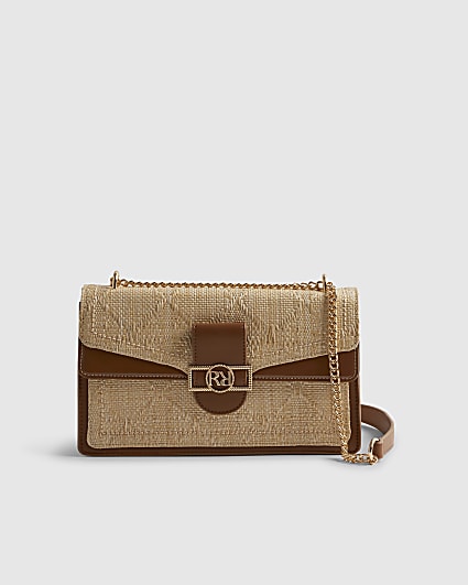 Beige RR Paneled Raffia Shoulder Bag